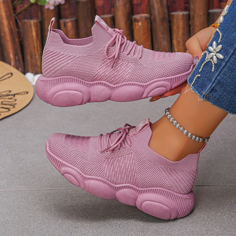 Knit Fabric Lace Up Sneakers - レディーススニーカー、最新トレンドの無地ニット素材、滑り止め加工のローファー、2026年ファッション、柔らかいソール、軽量、レディースシューズ、女性用スニーカー。