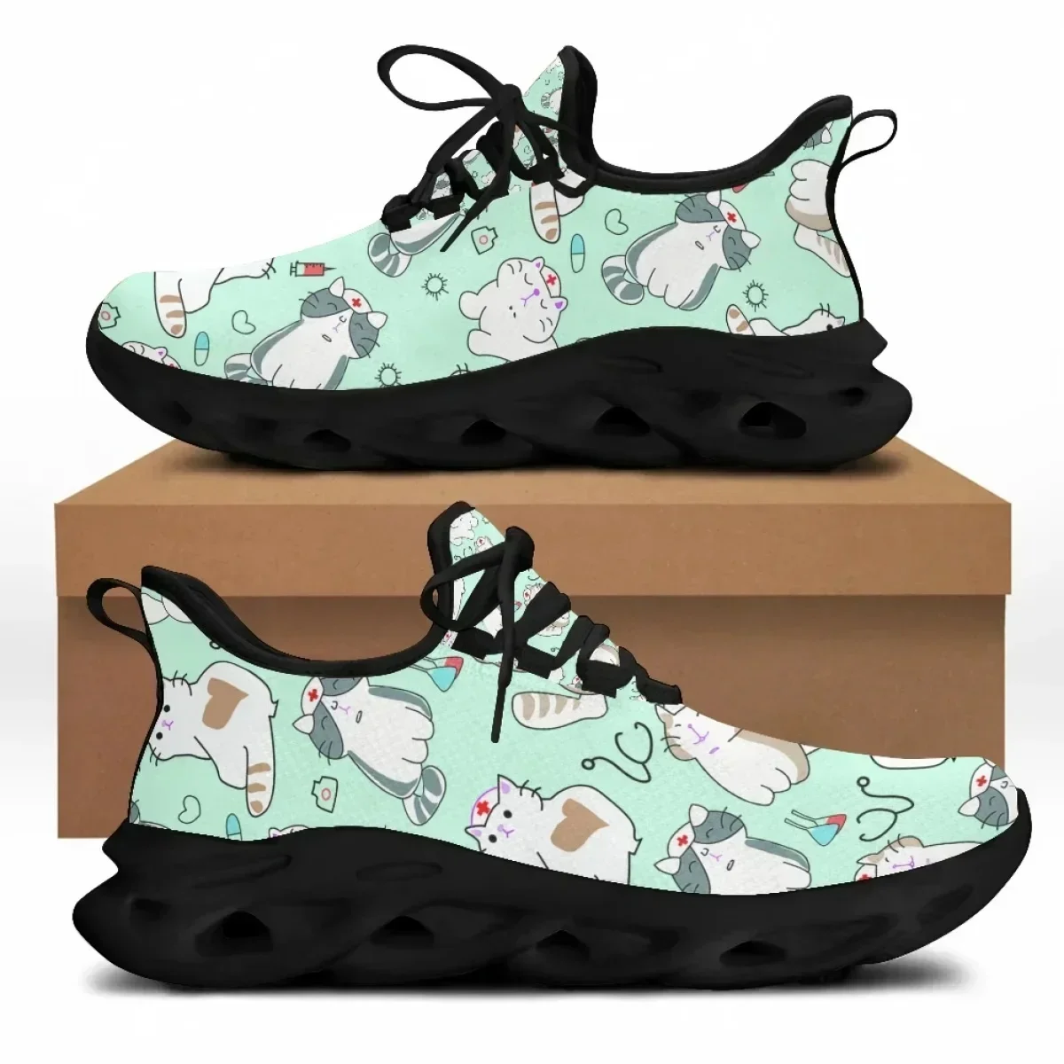 Knit Fabric Lace Up Sneakers - 夏の春向けレディースレースアップカジュアルスニーカー、ティーンガール向けメッシュニットスニーカー、キュートなナース猫プリントフラットシューズ、女性用靴