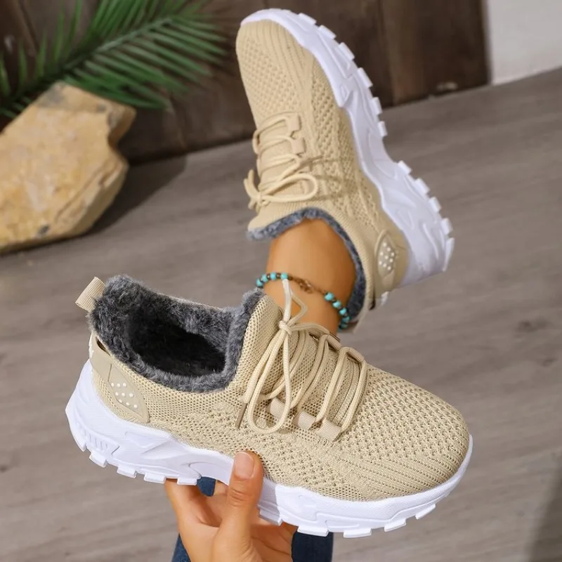 レディース用、冬用、保温性スニーカー。ニット素材、レースアッ - Knit Fabric Lace Up Sneakers のレビューと価格