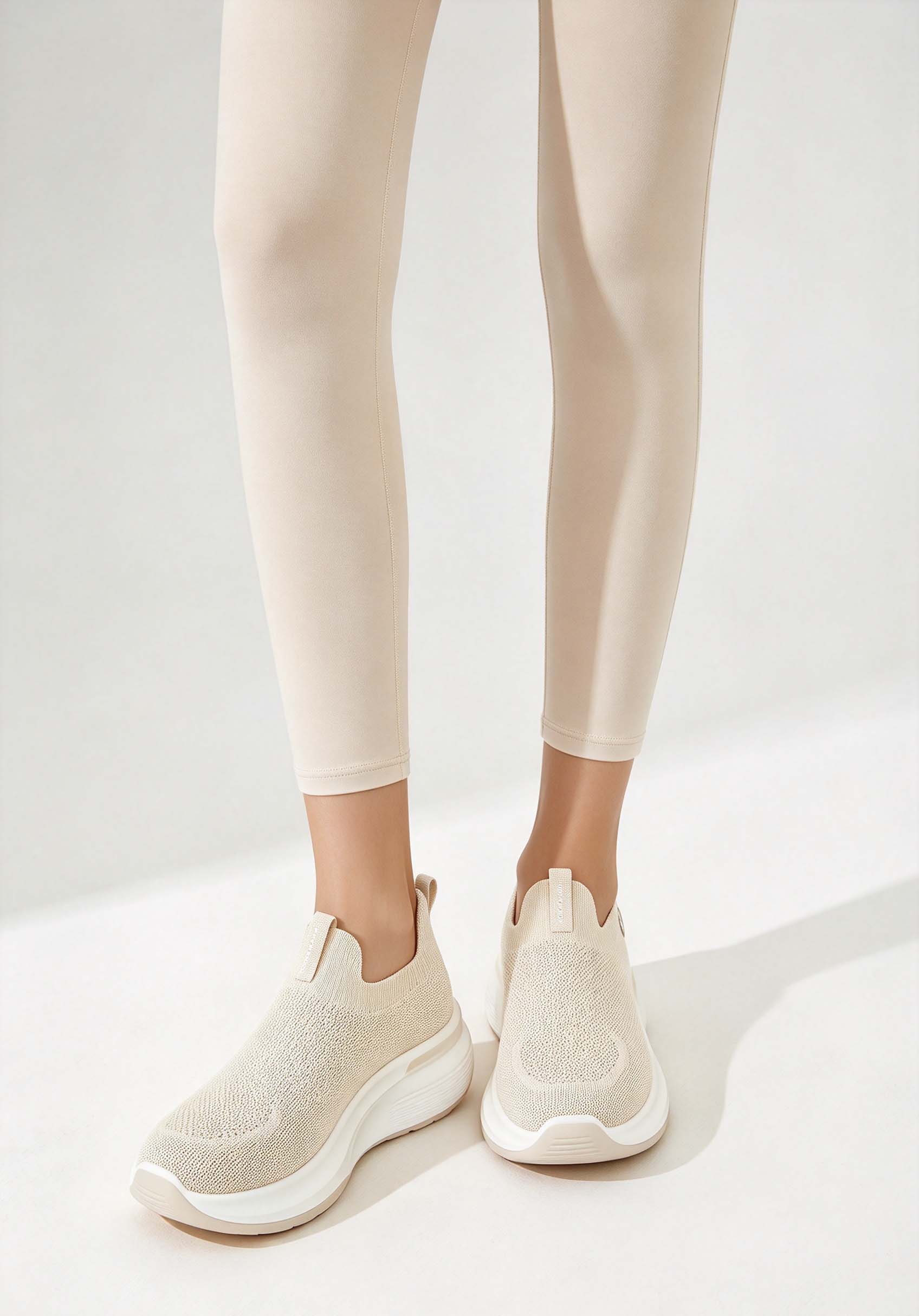 女性用ニット素材の厚底ウォーキングシューズ、通気性の良いニッ - Knit Fabric Lace Up Sneakers のレビューと価格